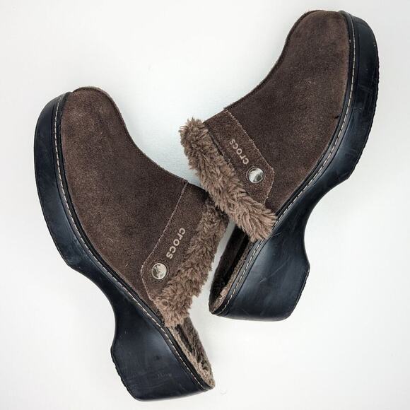 CROCS suede leather mules clogs suede fur lined women's size 11 - Picture 6 of 10